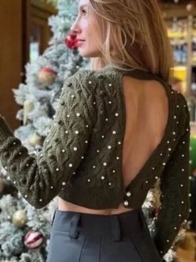 Zara Olive Green crop Pearl-Embellished Open-Back Sweater small